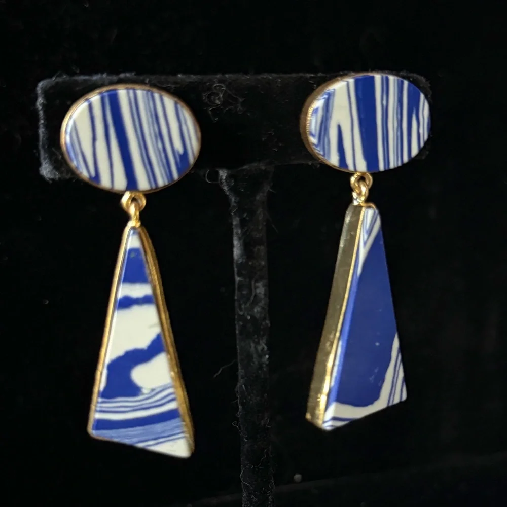Blue and White Patterned Triangle Gold Border Dangling Statement Post Earrings - Picture 2 of 16